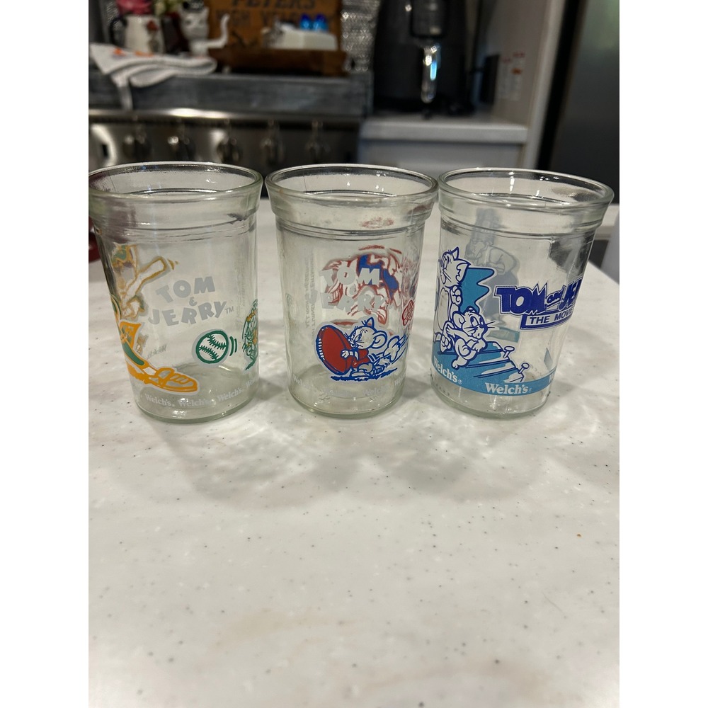 Vintage Welchs Tom and Jerry Jelly Jar Glasses Set of 3 Cartoon Collectibles